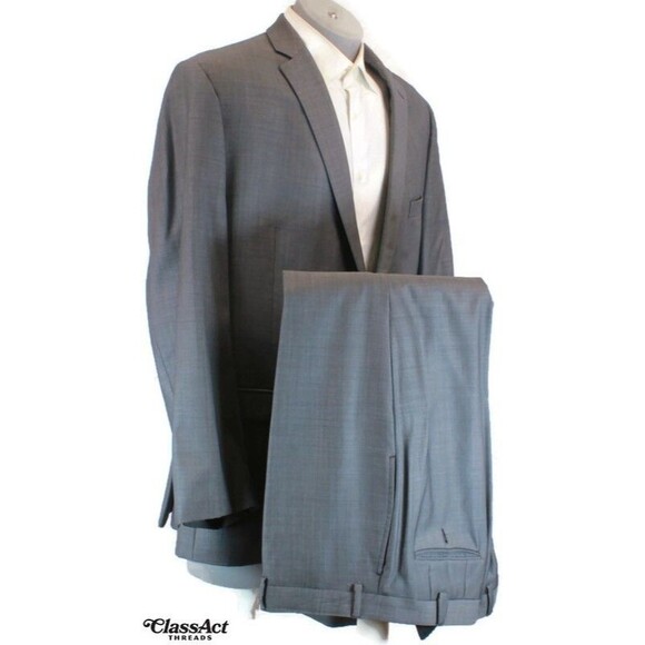 Calvin Klein Slim Fit 2 Piece Suit Mens Gray 2 Button Wool 48R Flat Fronts 40" W - Picture 1 of 12
